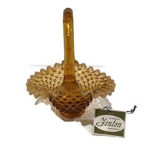 Vintage Fenton Glass Amber Carmel Opalescent Hobnail Pattern Handled Basket